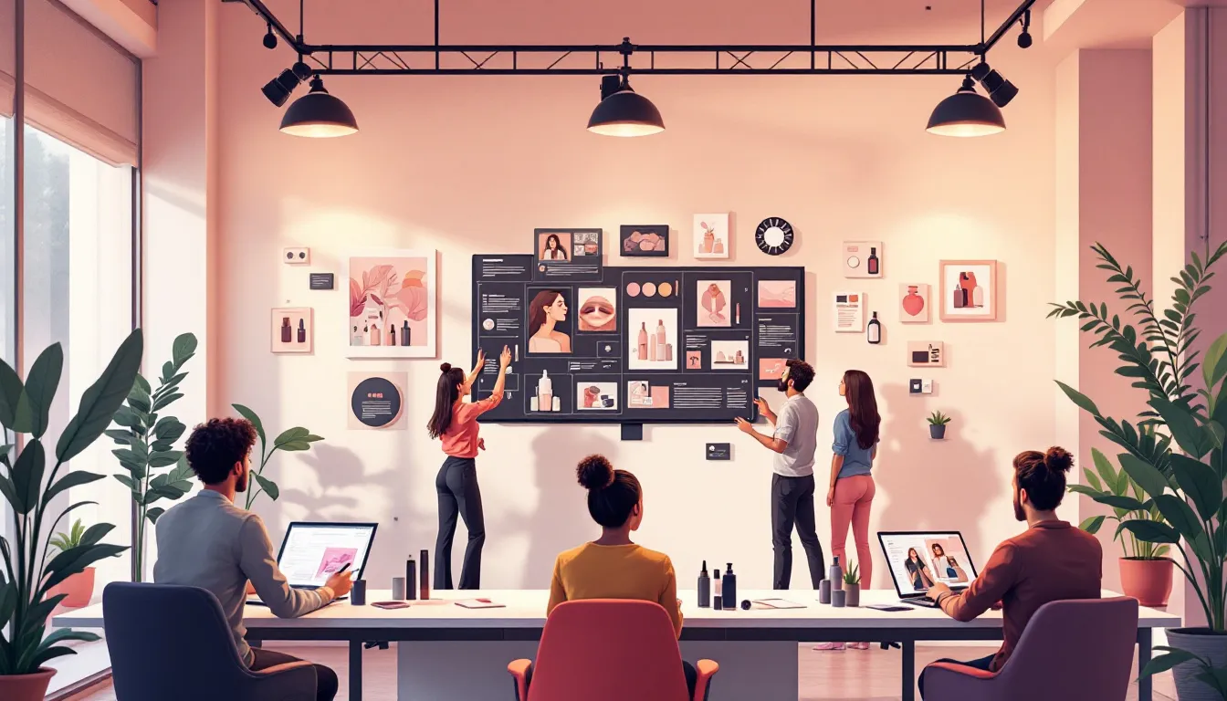 Ilustración conceptual de un espacio de trabajo de marketing de belleza con flujos digitales y creatividad aumentada por IA