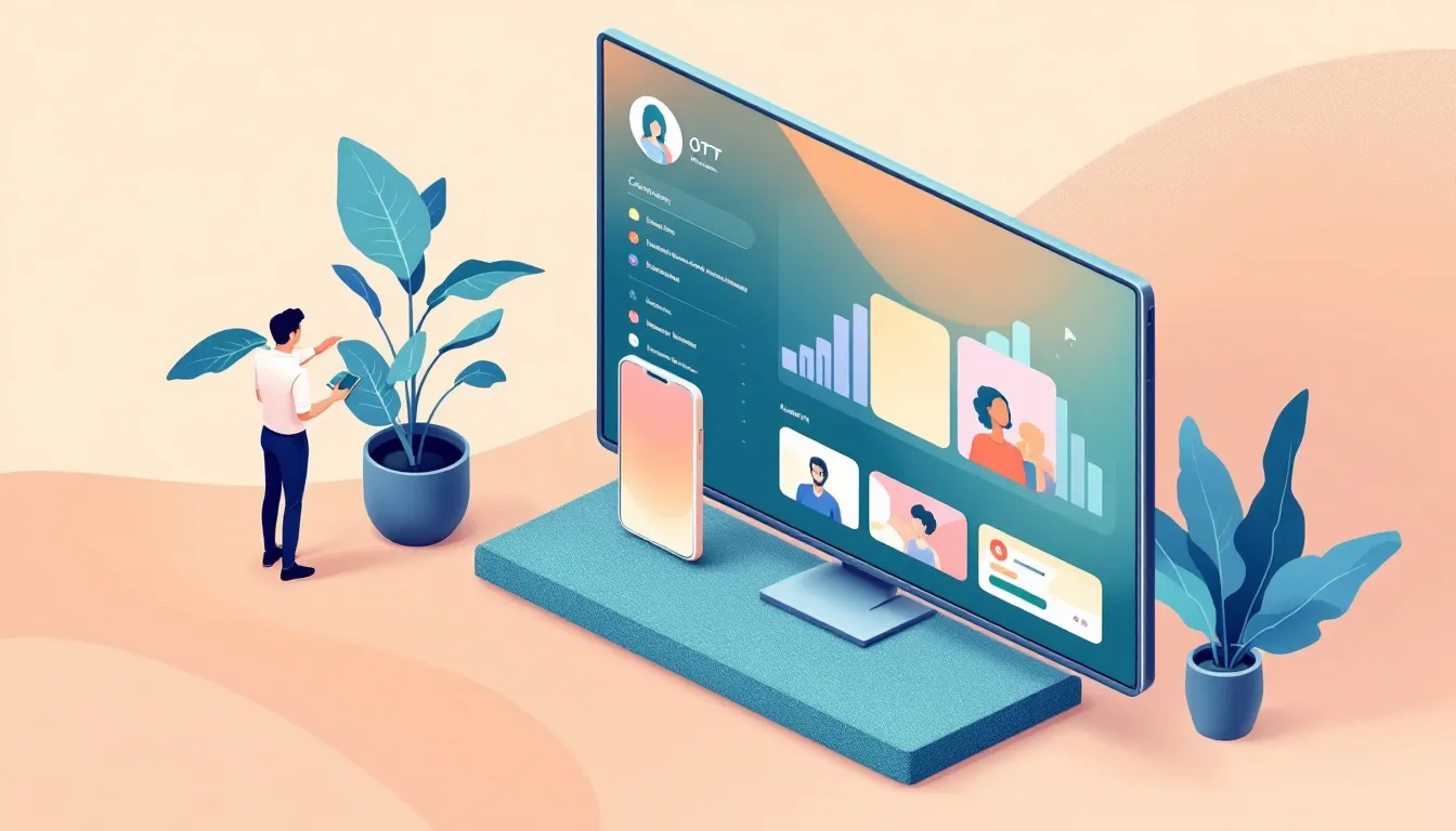 Ilustración conceptual de plataforma de streaming digital con contenidos audiovisuales organizados