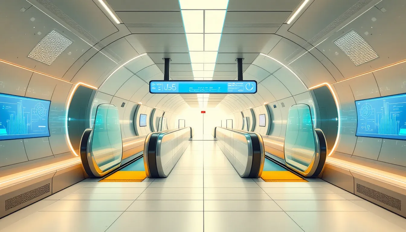 Ilustración conceptual de una estación de metro futurista con tecnología digital integrada