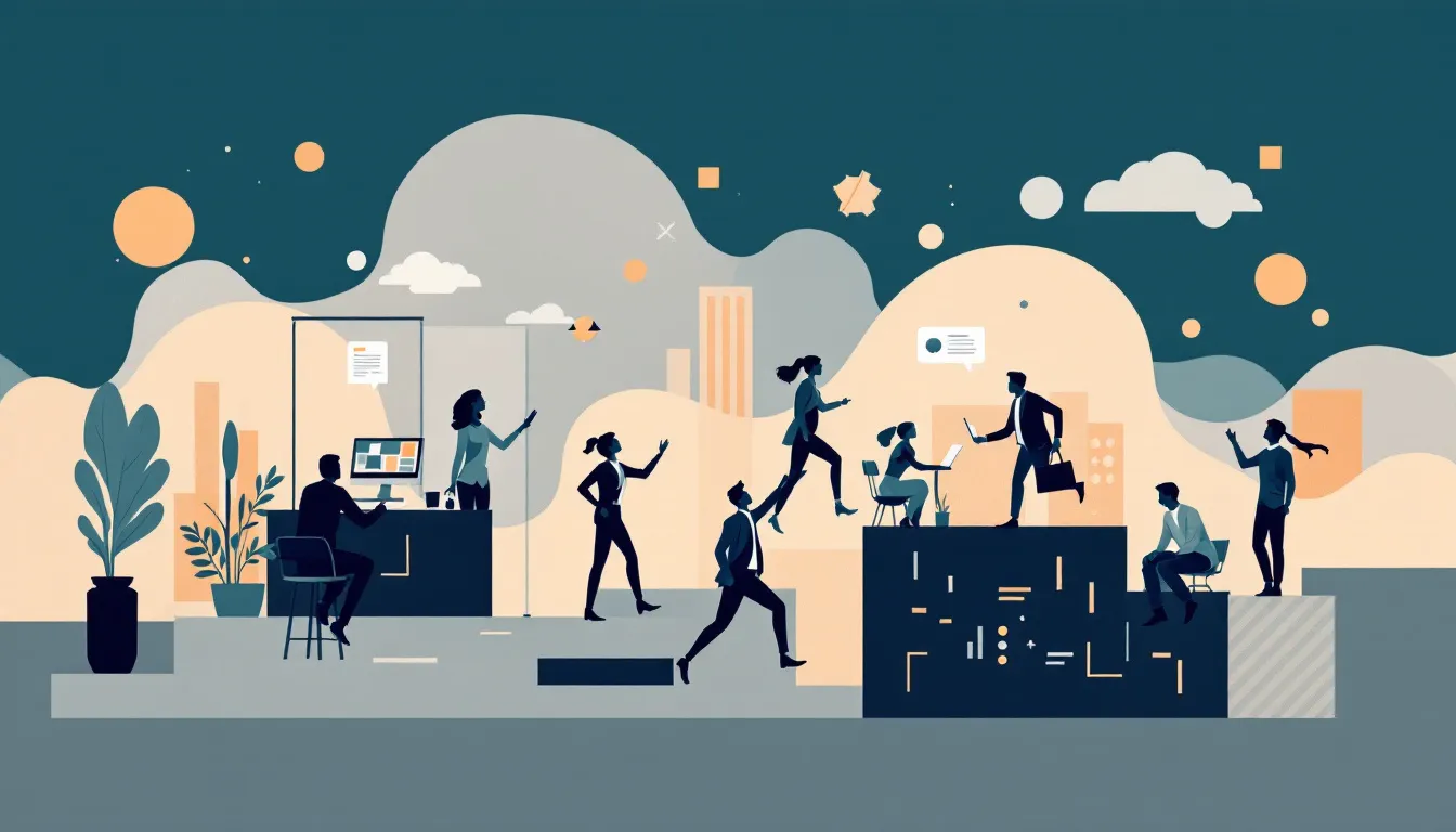 Ilustración conceptual de transformación organizativa y reestructuración empresarial en el sector tecnológico