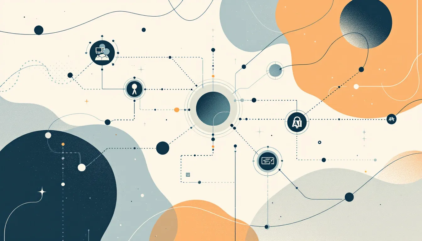 Ilustración conceptual de ecosistema integrado de marketing, creatividad y tecnología