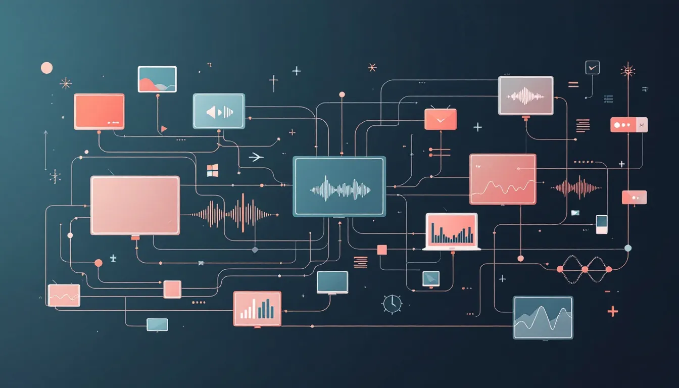Ilustración conceptual de ecosistema publicitario digital con flujos de datos entre plataformas de streaming