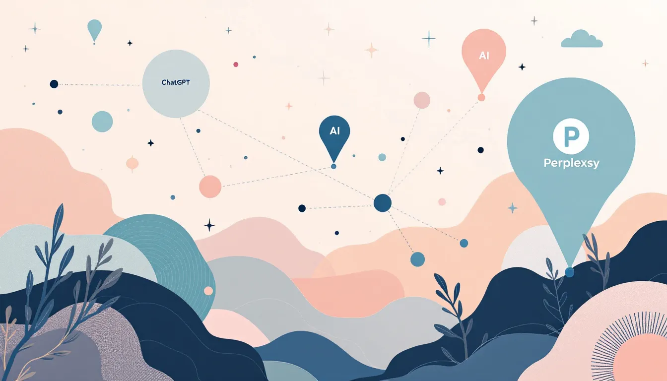 Ilustración conceptual de visibilidad de marca en plataformas de inteligencia artificial y búsqueda generativa