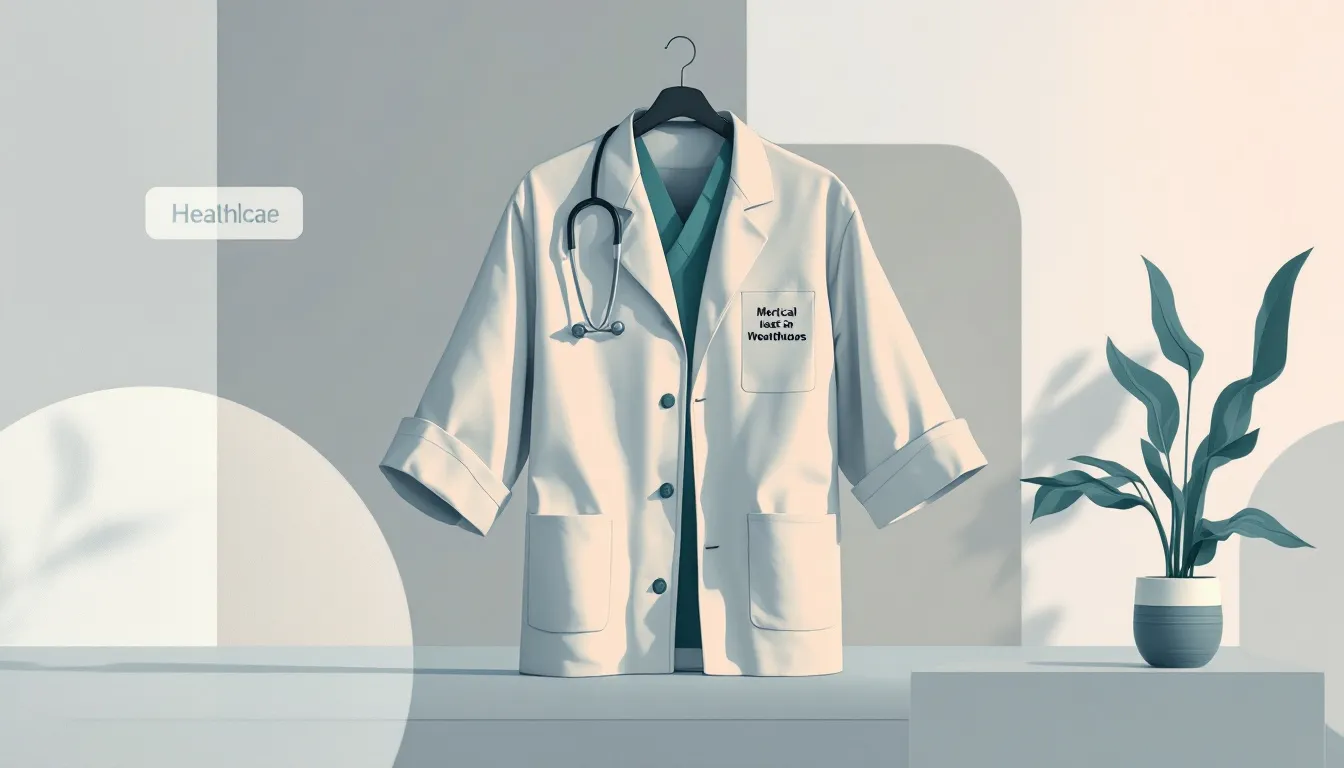 Ilustración conceptual de bata médica con mensajes bordados en estilo editorial minimalista