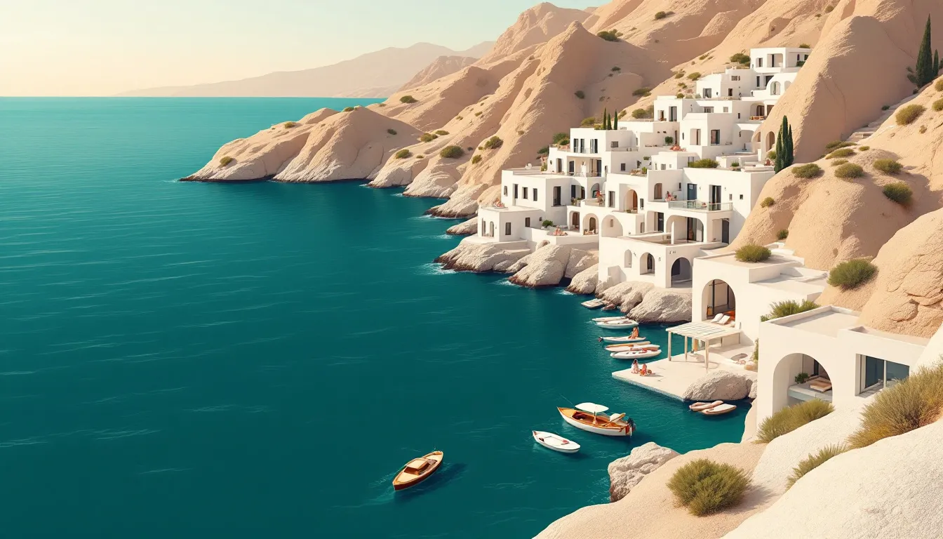 Ilustración conceptual de turismo de lujo mediterráneo con formas arquitectónicas abstractas