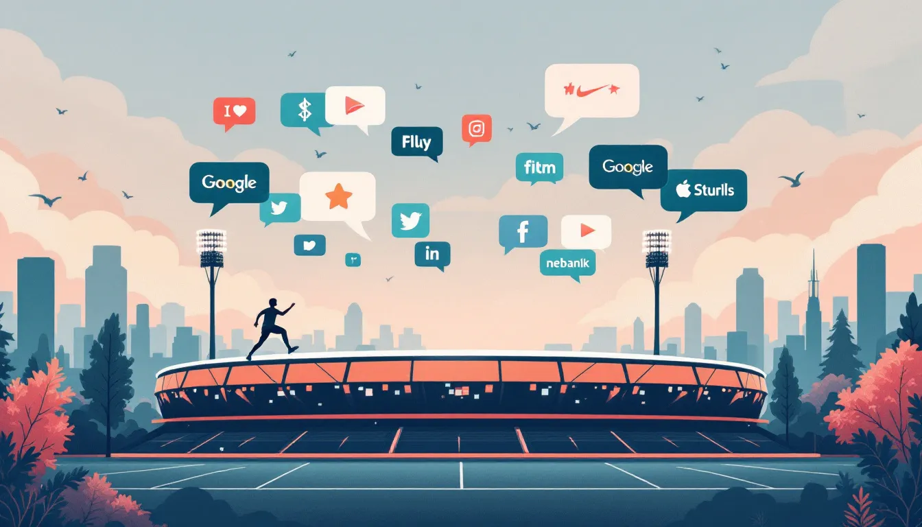 Ilustración conceptual de marcas compitiendo por atención en eventos deportivos globales mediante conversación digital