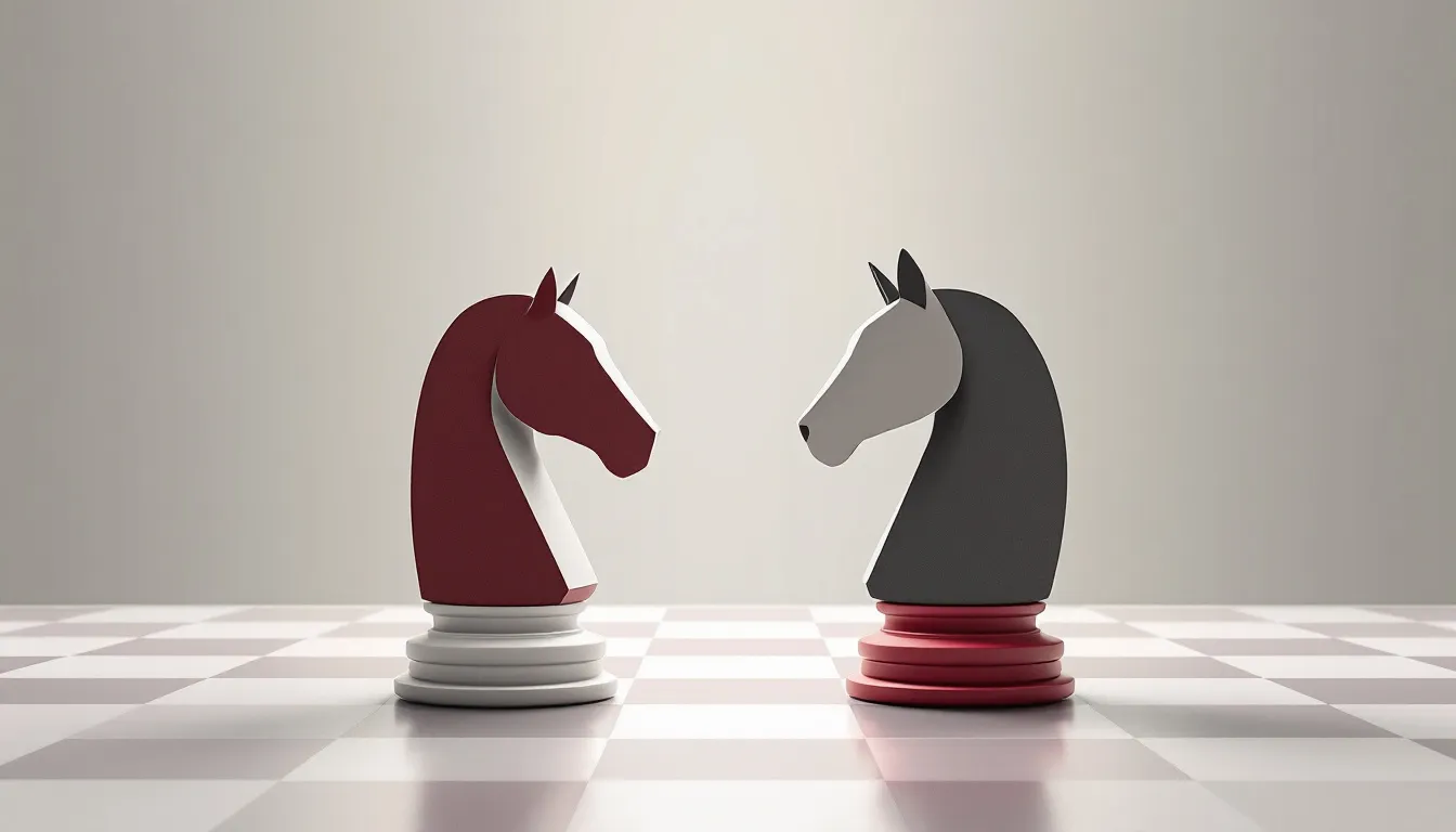 Ilustración conceptual de estrategia corporativa entre dos imperios del lujo enfrentados en tablero abstracto