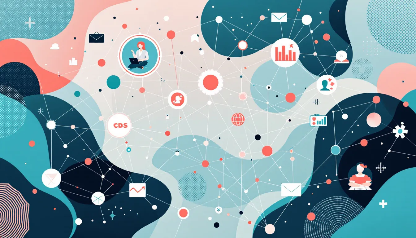 Ilustración abstracta de red de creadores de contenido coordinada por un sistema central de gestión de marca