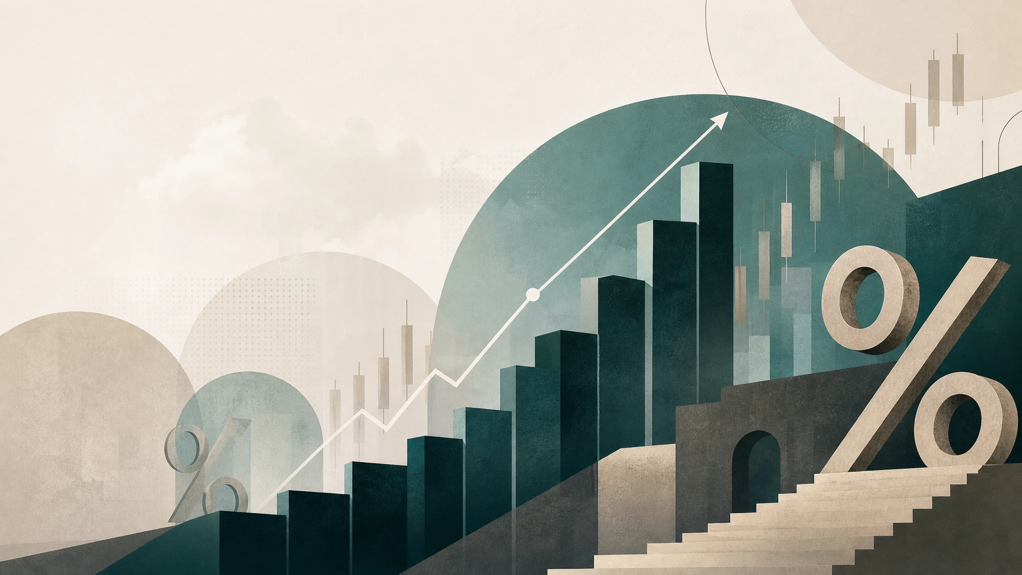 Ilustración conceptual de mercados financieros con gráficos abstractos y símbolos de tipos de interés