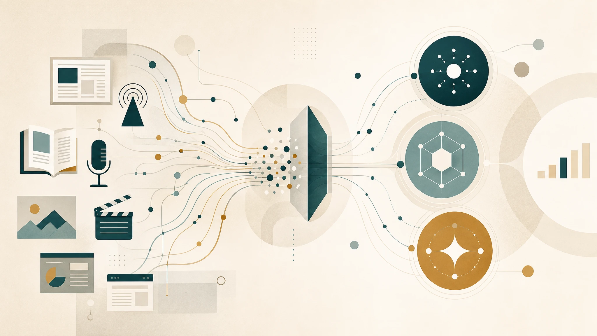 Ilustración conceptual de flujos de datos entre medios tradicionales y plataformas de inteligencia artificial generativa
