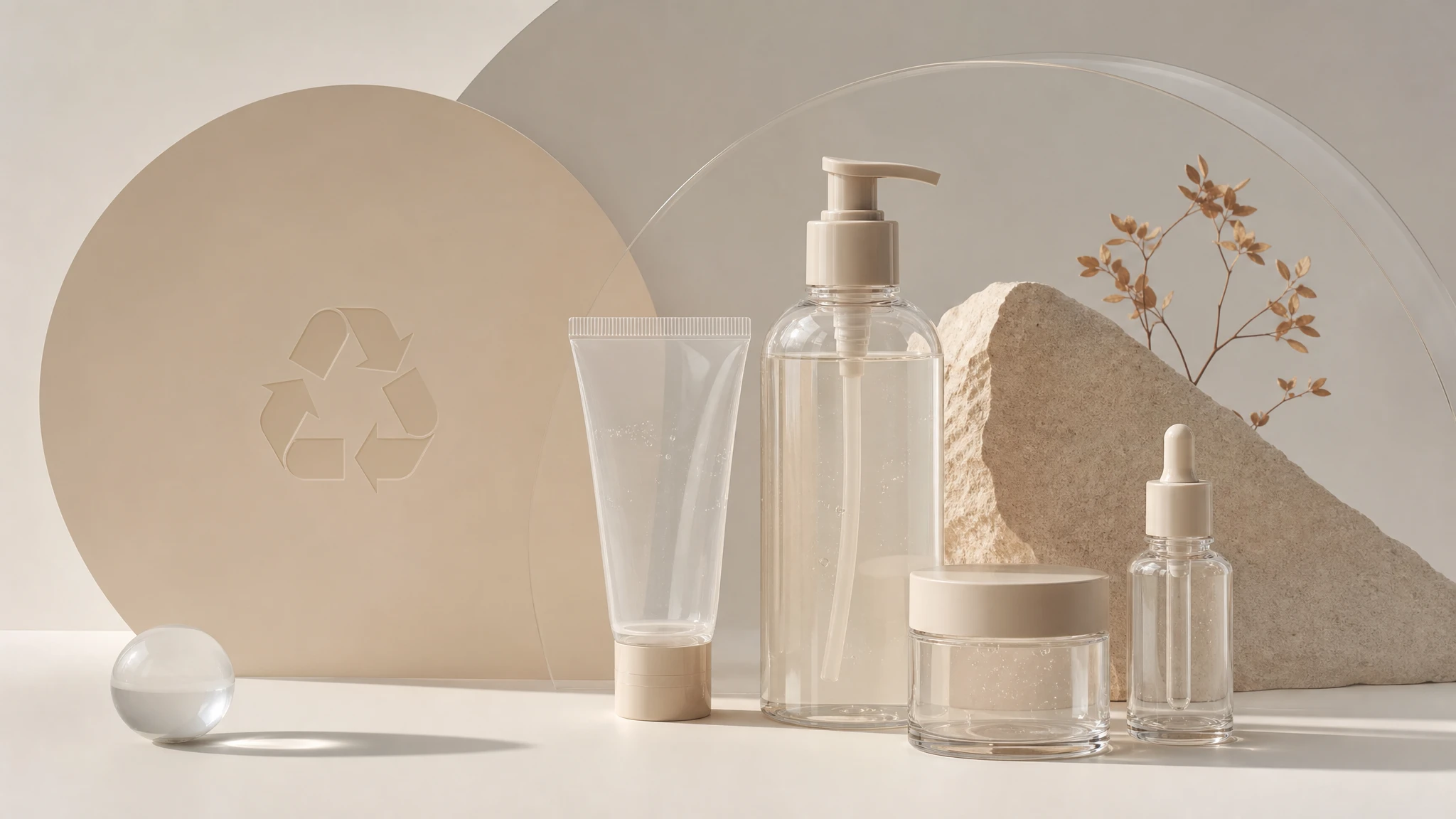 Ilustración conceptual de envases sostenibles con diseño minimalista y transparente