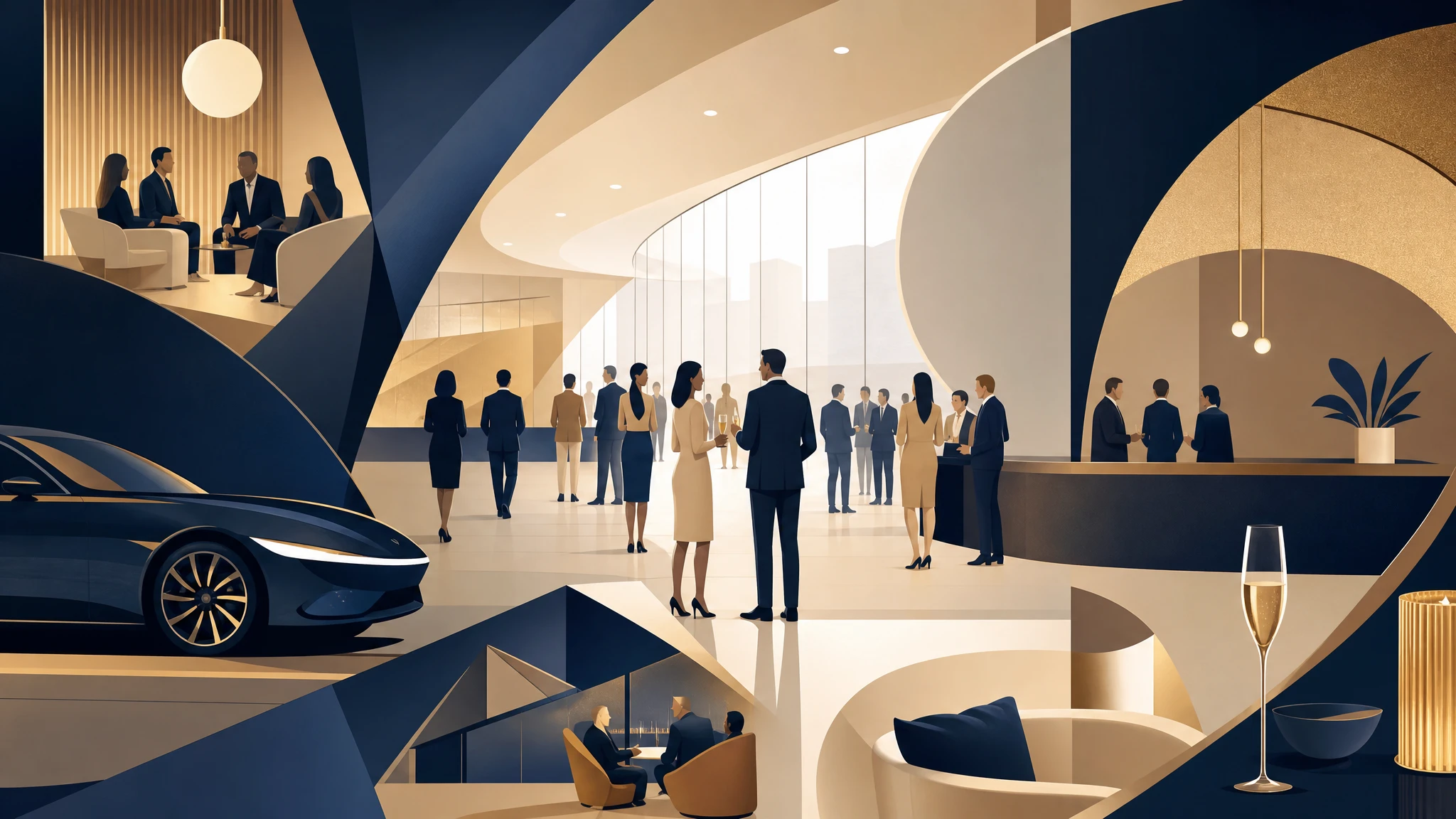Concepto editorial de evento corporativo con elementos de lujo y networking