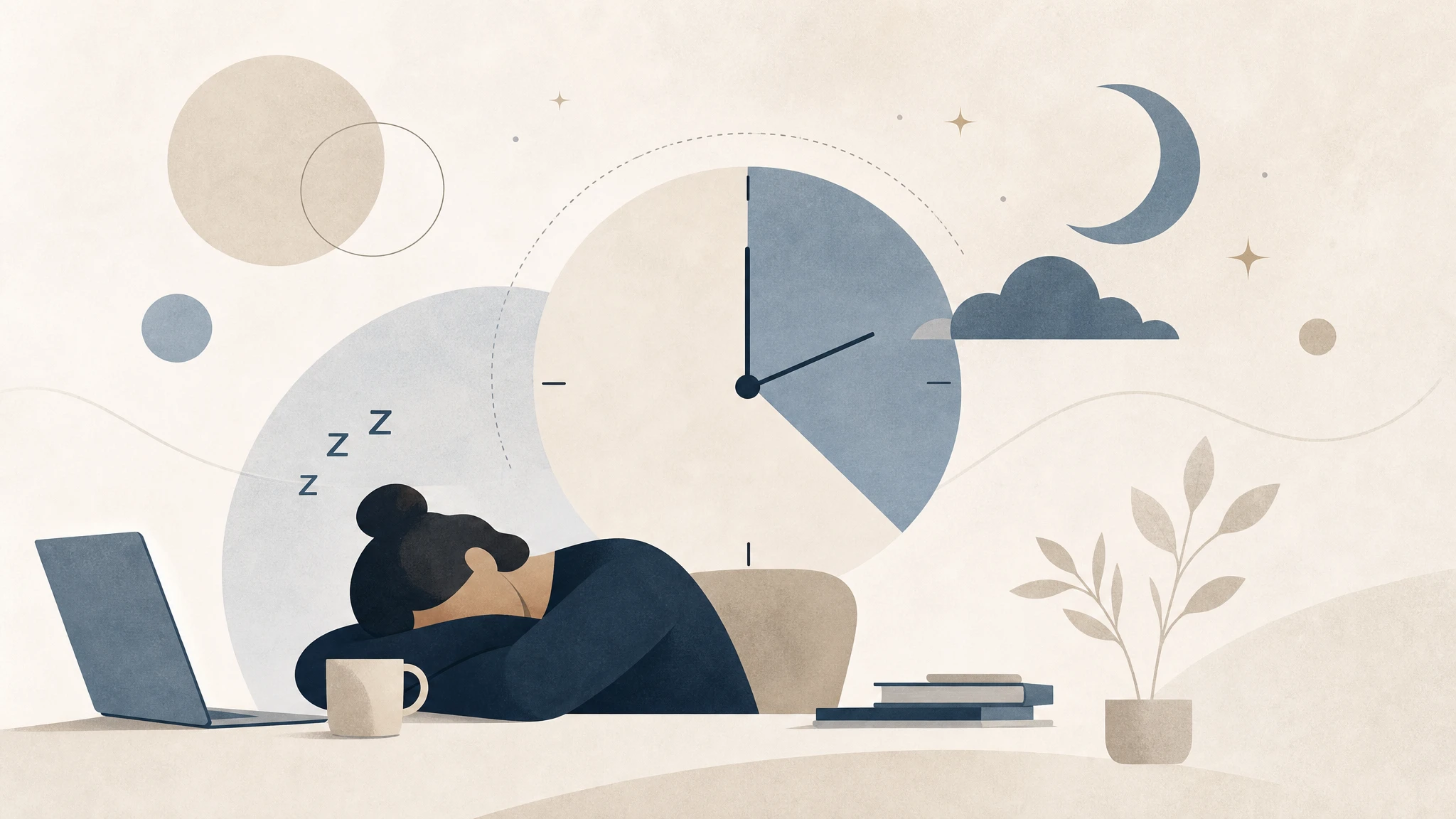 Ilustración editorial sobre el concepto de descanso y gestión del tiempo en el entorno laboral