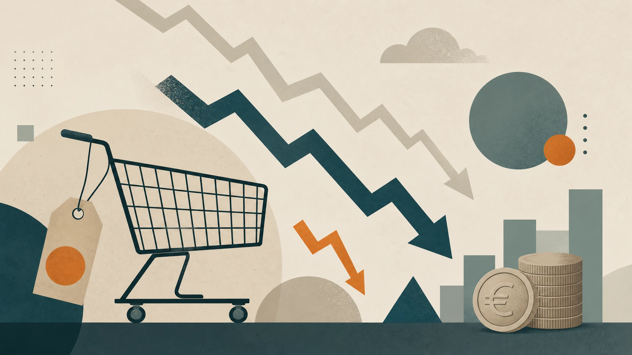 Ilustración conceptual sobre la cautela del consumidor europeo y la contención del gasto ante la inflación