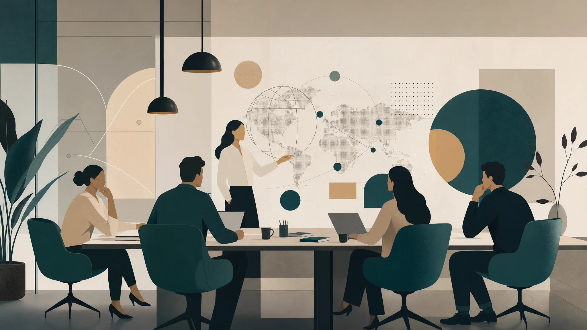 Ilustración conceptual de estrategia de agencia publicitaria con diseño editorial moderno