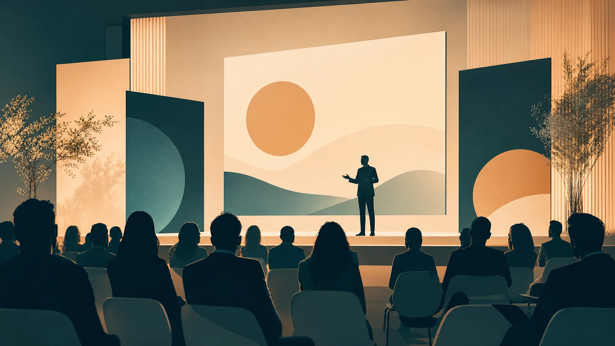 Ilustración conceptual de conferencia de marketing con pantallas y público