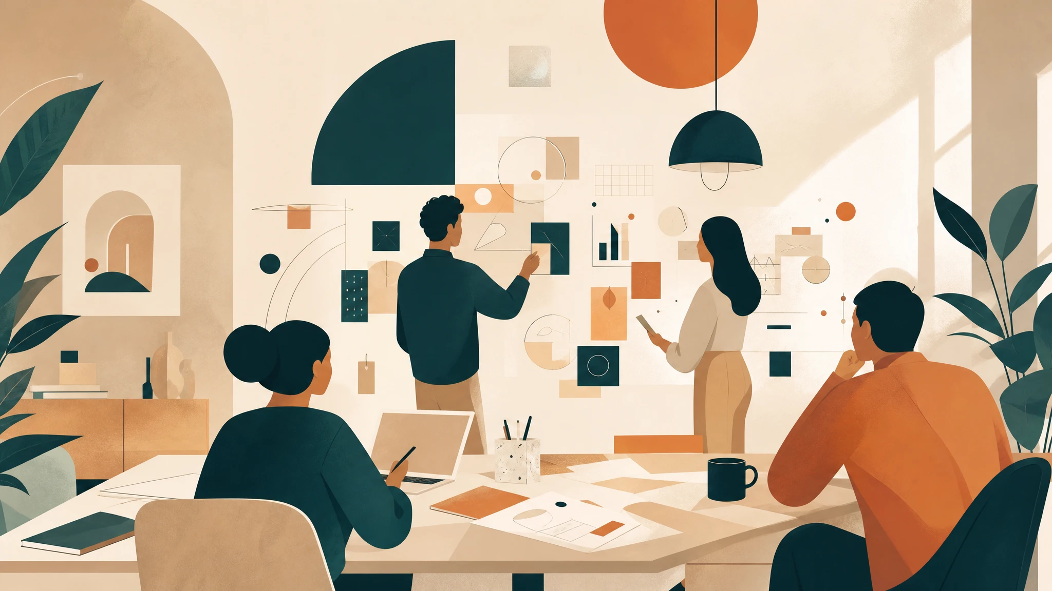 Ilustración conceptual de entorno creativo de agencia publicitaria con elementos colaborativos abstractos