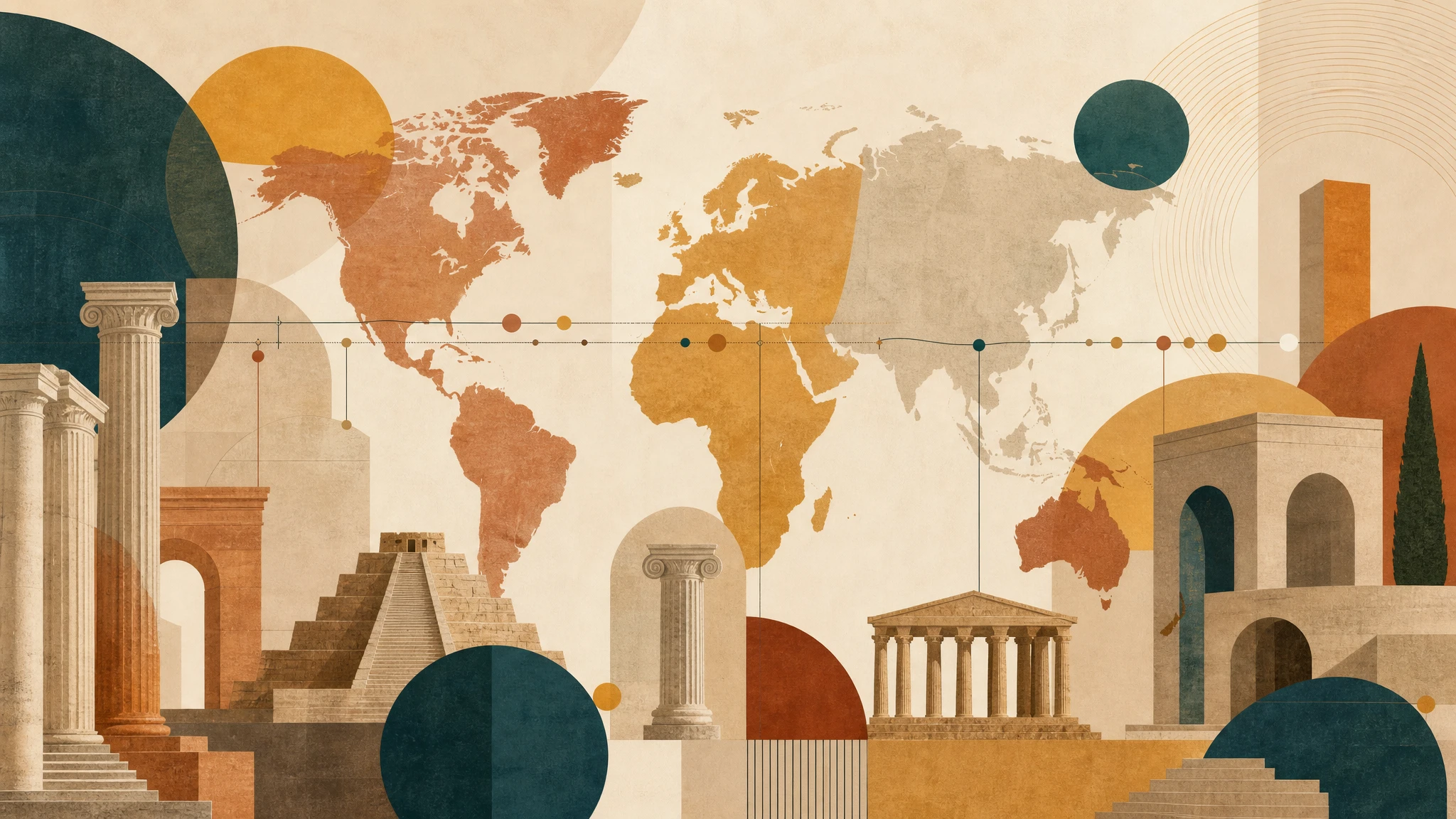 Ilustración editorial abstracta que representa la continuidad histórica de las civilizaciones a lo largo del tiempo