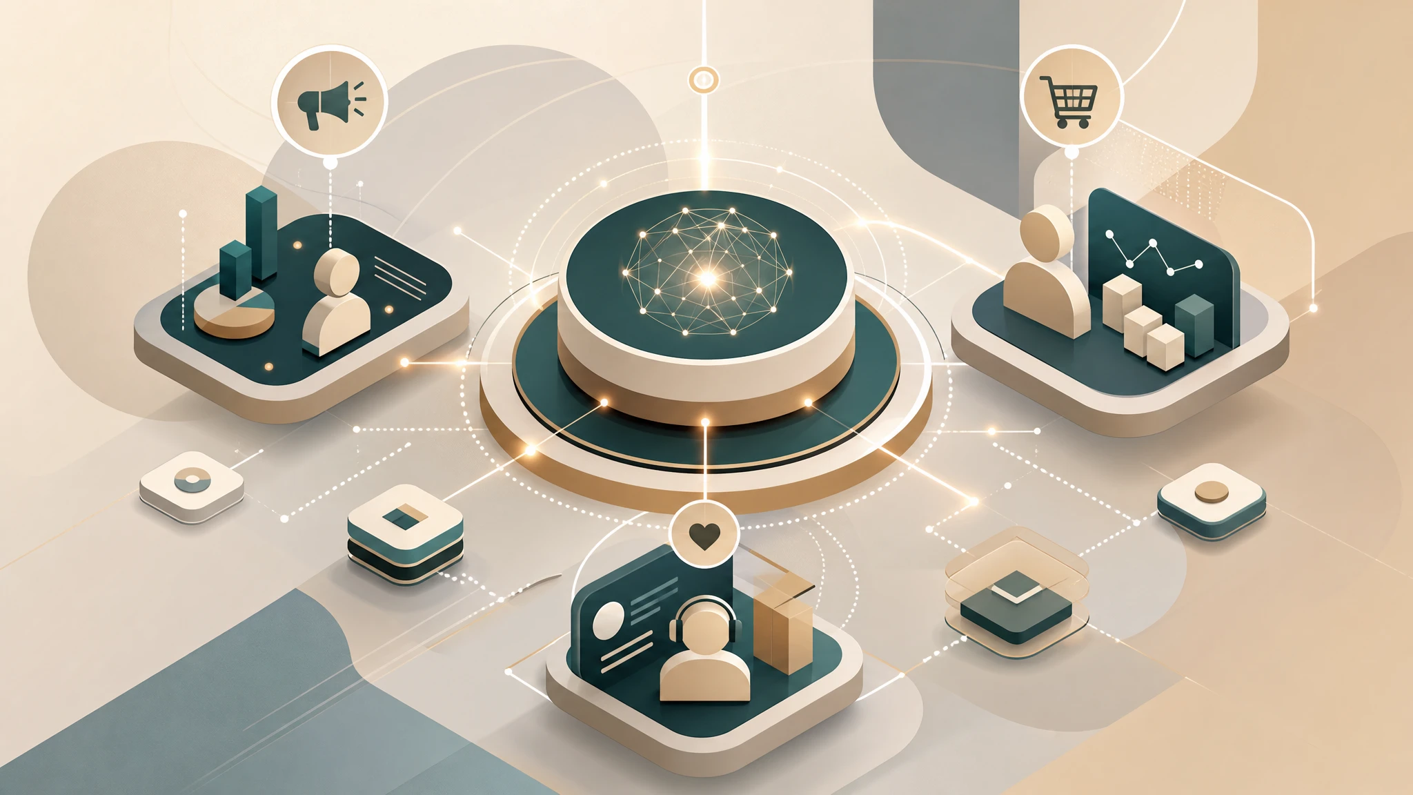 Ilustración conceptual de plataformas tecnológicas interconectadas formando un ecosistema unificado