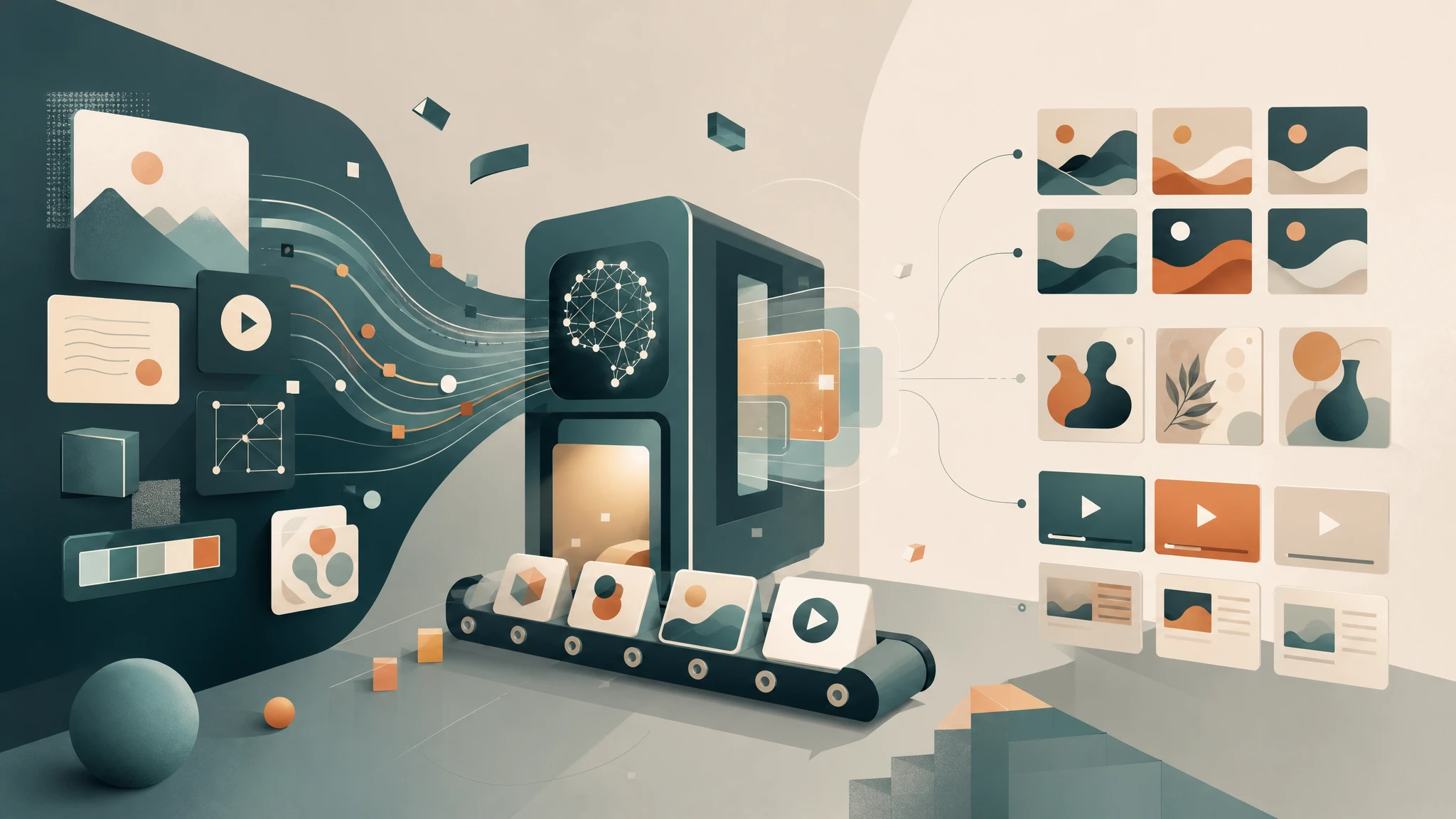 Ilustración conceptual de flujo de producción creativa impulsada por inteligencia artificial