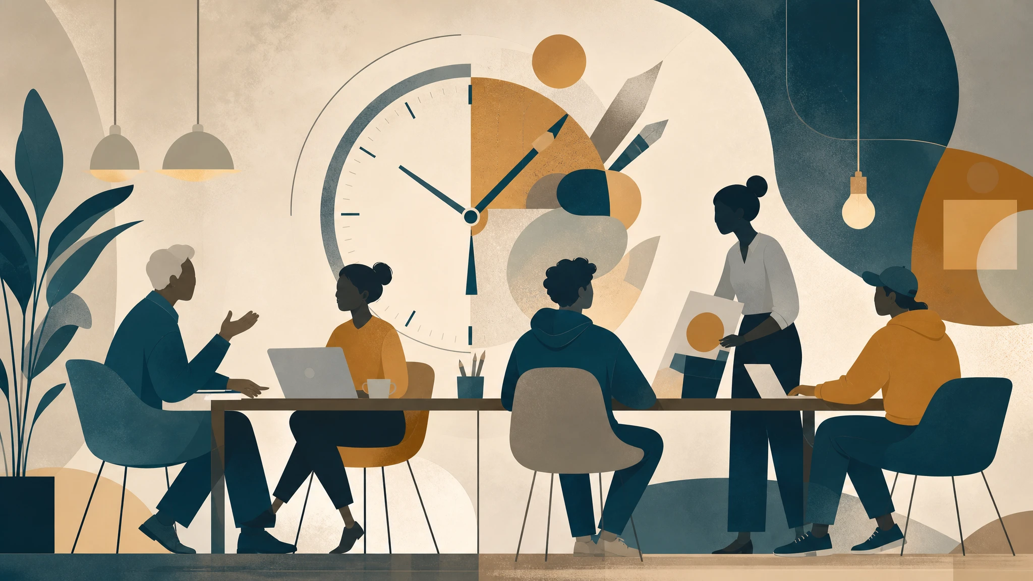 Ilustración conceptual representando la colaboración intergeneracional en la industria publicitaria